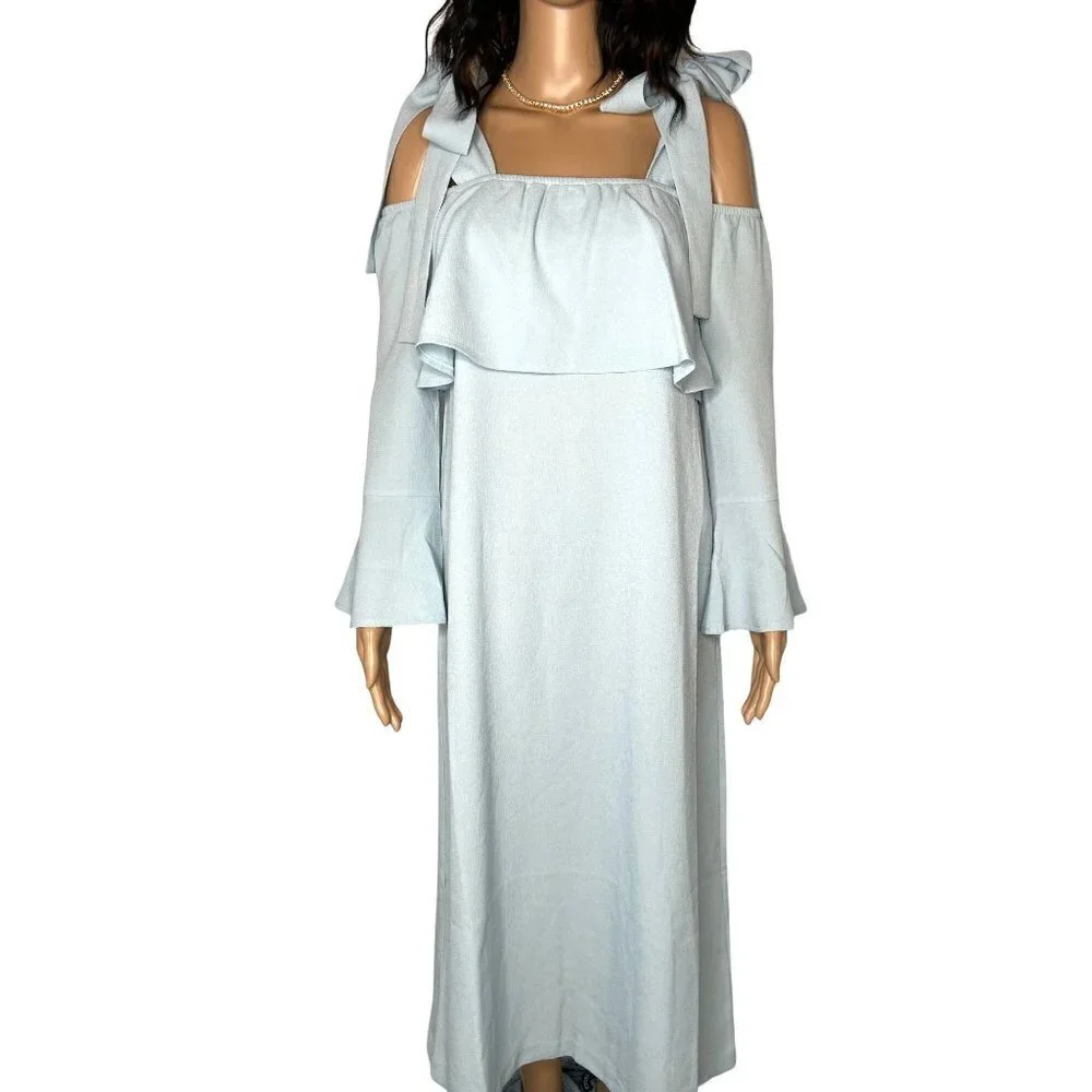 Ganni Clark Cold Shoulder Ruffle Midi Dress Sterling Blue Size 4